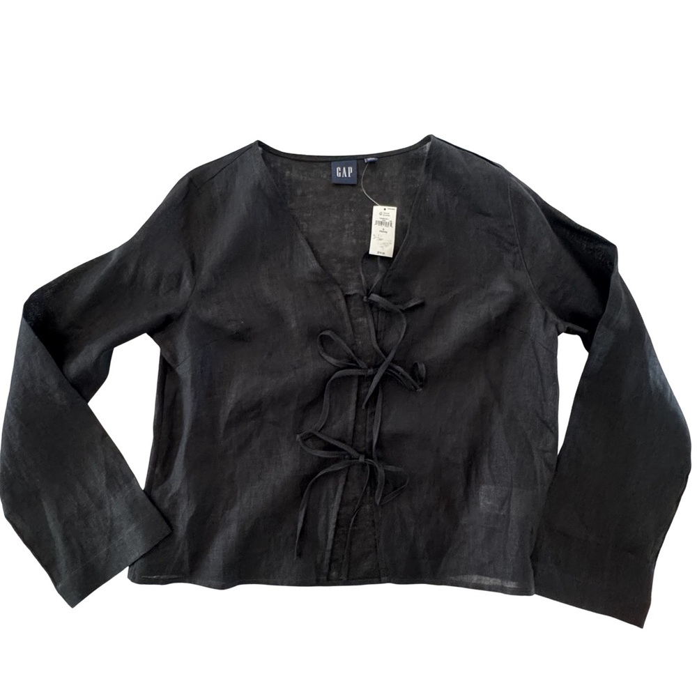 Gap Petite Black 100 Linen Tie Front Blouse Long Sleeve V Neck NWT Coastal - Picture 2 of 6